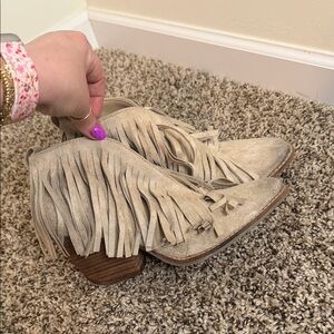 Fringe Suede Ankle Boots - Cream